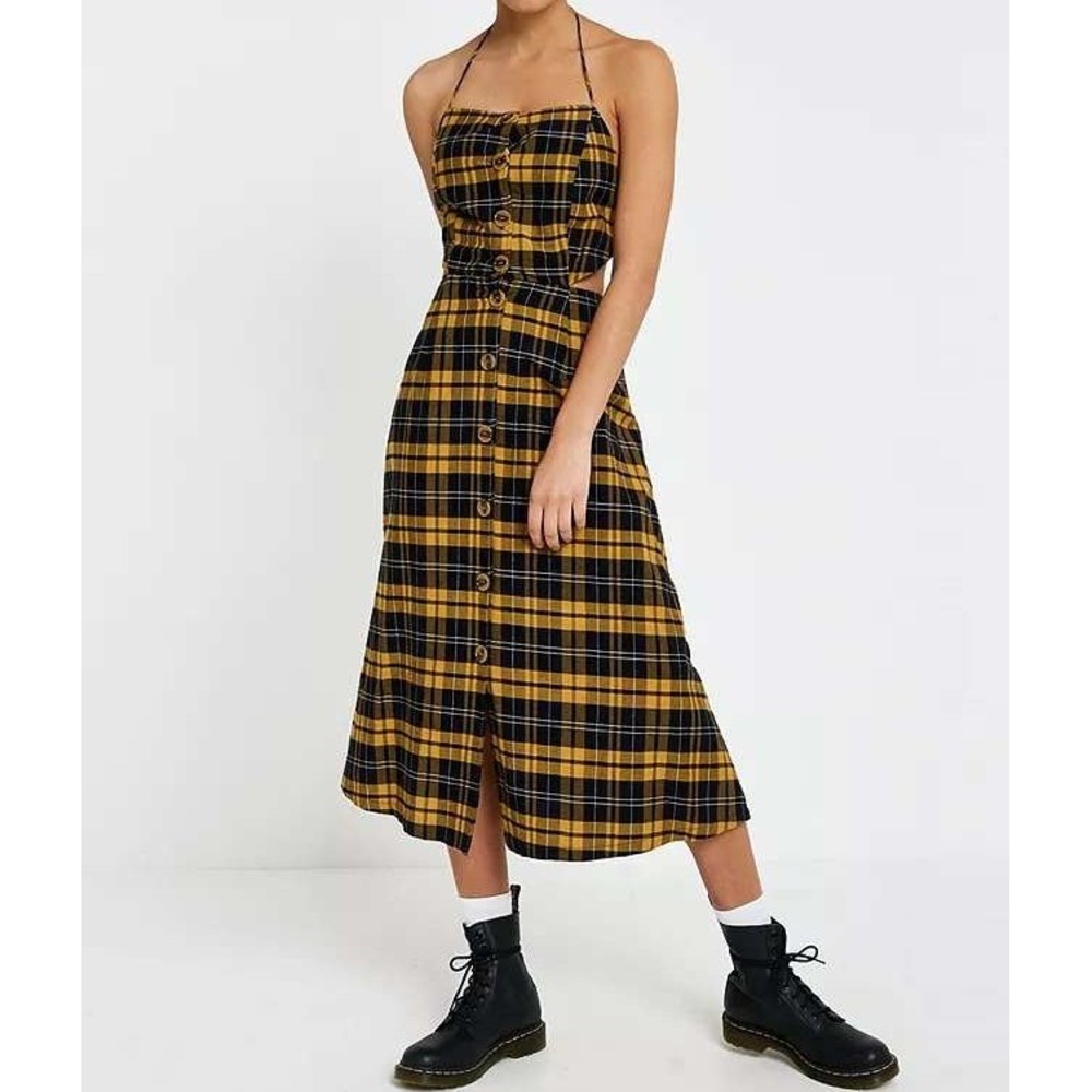 Urban Outfitters Button Though Cut Out Tulip Midi Dress Yellow Black Plaid Large